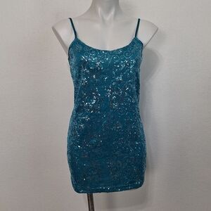 BKE Teal Glam Sequin Y2K Spaghetti Strap Retro Mini Dress Size L